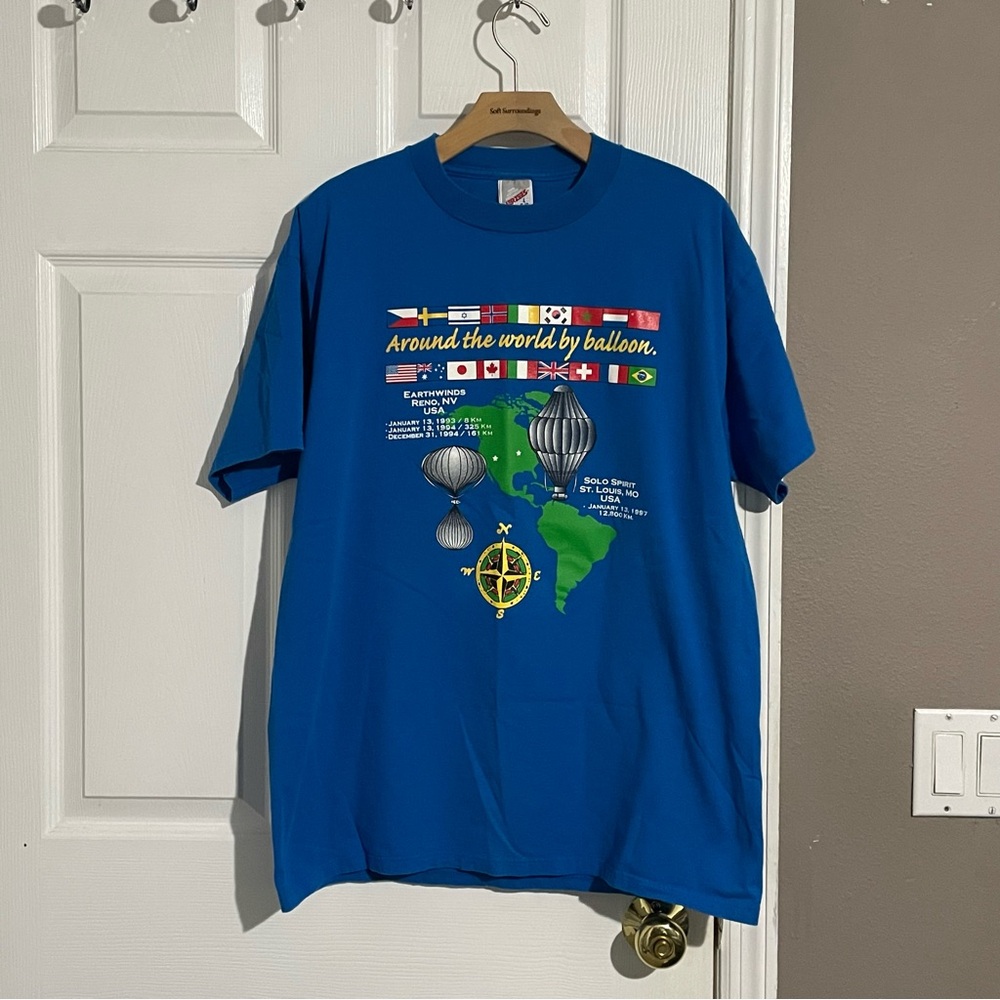 VINTAGE JERZEES AROUND THE WORLD BY BALLOON T-SHIRT MENS LARGE PRESHRUNK GRAPHIC